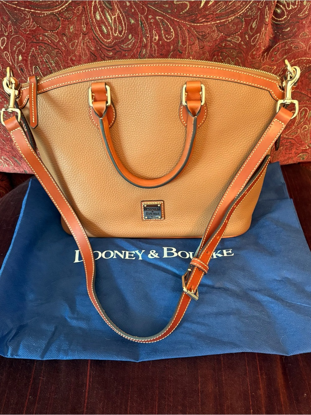 Dooney & Bourke Tan Pebble Leather Domed Satchel with Cognac Trim